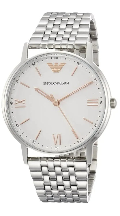 Emporio Armani Kappa watch angled view showing white dial and linked stainless steel bracelet