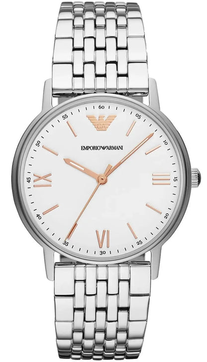 Emporio Armani Kappa white dial watch with silver stainless steel bracelet and rose gold accents