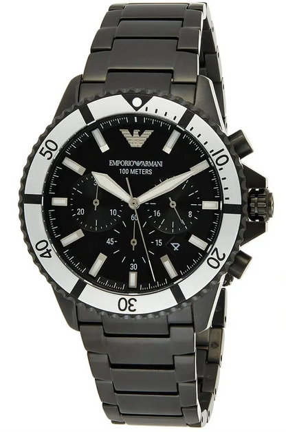 AR80050 black chronograph watch at angle showing dial and bracelet
