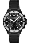Emporio Armani AR80050 diver chronograph with black dial, white bezel, and black metal strap