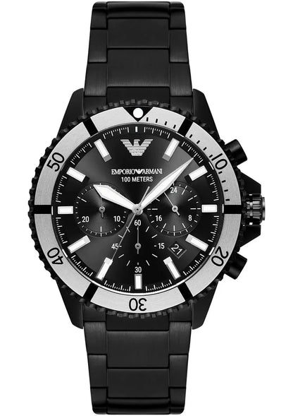 Emporio Armani AR80050 diver chronograph with black dial, white bezel, and black metal strap