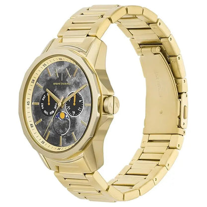 Armani Exchange AX1737 gold watch at angle showing dial and gold link bracelet
