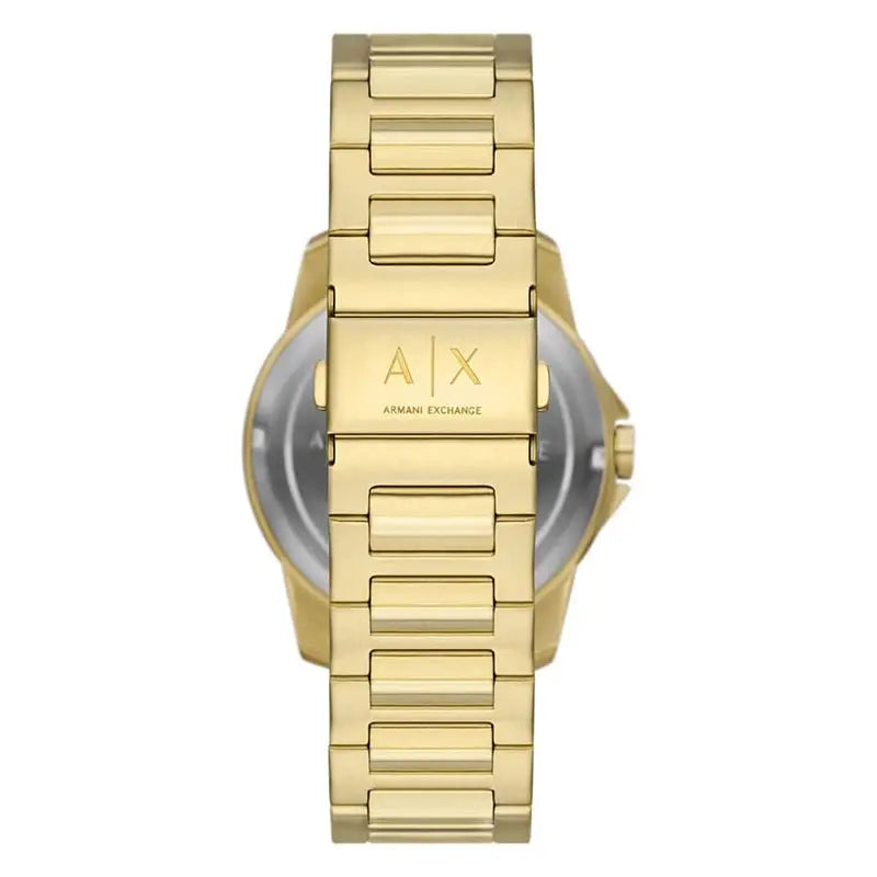 Side view of Armani Exchange AX1737 gold watch with caseback visible