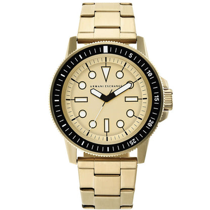 Armani Exchange Leonardo gold watch with cream dial and black bezel, frontal view