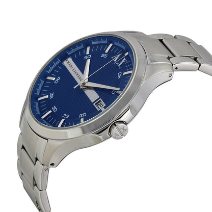 Armani Exchange AX2132 men's watch shown at angle with blue dial and stainless steel bracelet