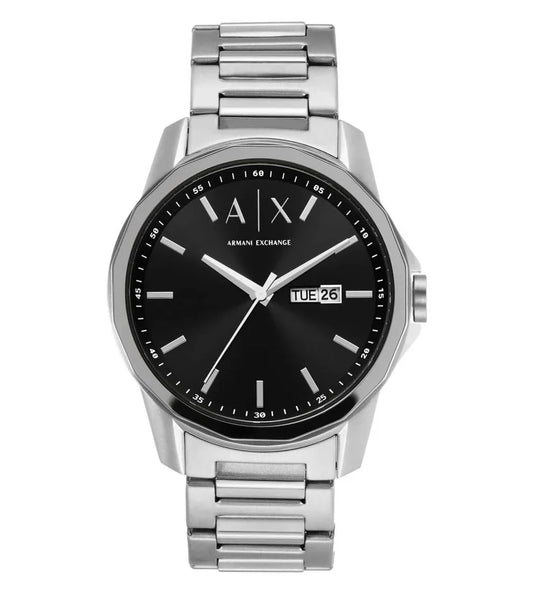 Armani Exchange Banks AX1733 watch with black dial, day-date window, silver stainless steel case and bracelet