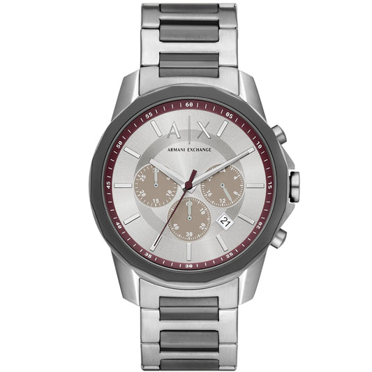 Armani Exchange Banks chronograph gray dial watch with tan subdials and burgundy bezel