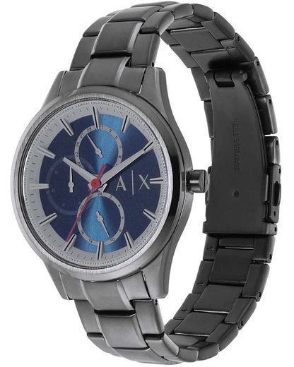 Armani Exchange Dante AX1871 watch angled view showing blue dial and gunmetal bracelet