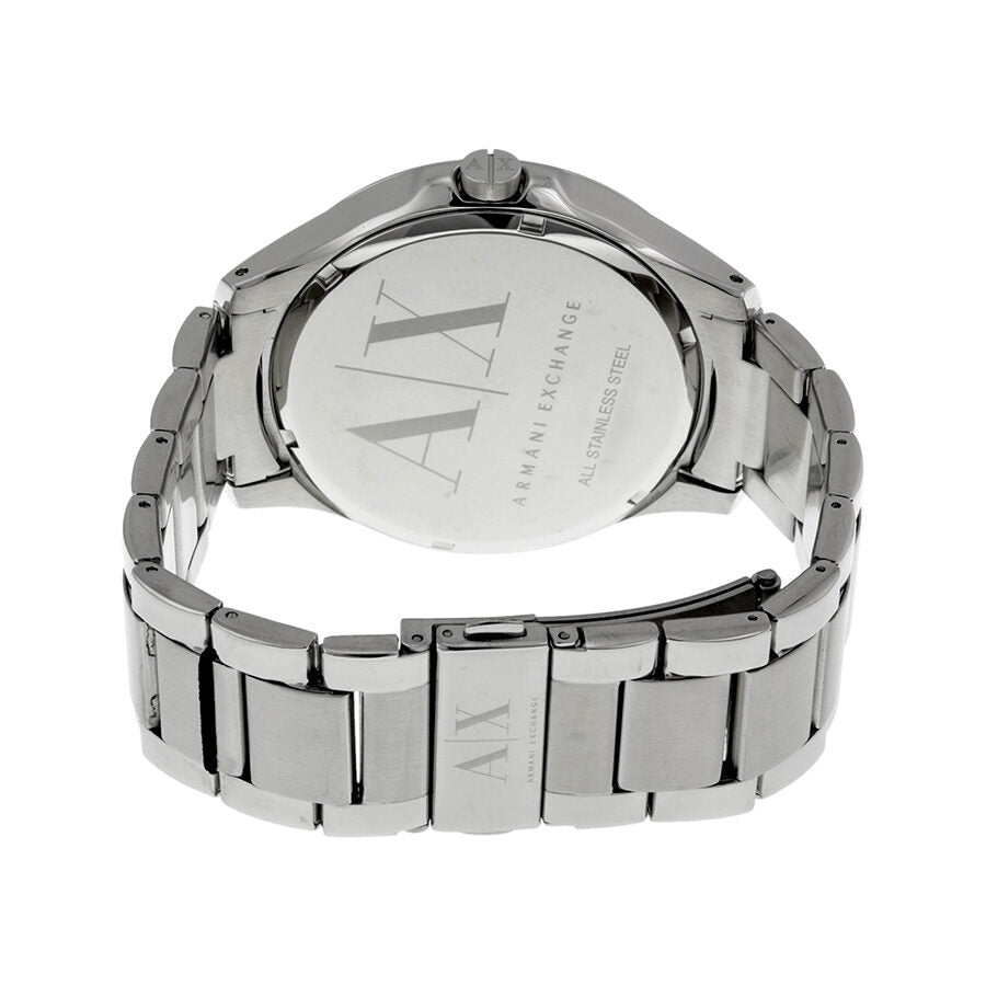 Caseback of Armani Exchange Hampton watch showing engraved Armani Exchange branding on silver stainless steel