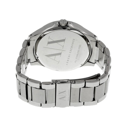 Caseback of Armani Exchange Hampton watch showing engraved Armani Exchange branding on silver stainless steel