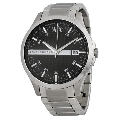 Armani Exchange Hampton black dial watch with silver stainless steel case and bracelet, date window visible