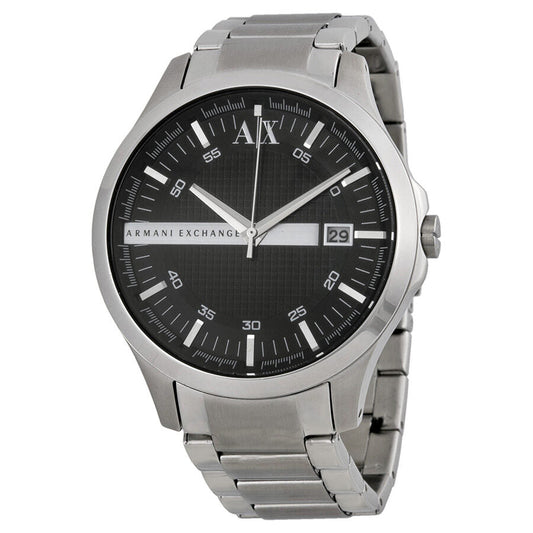 Armani Exchange Hampton black dial watch with silver stainless steel case and bracelet, date window visible