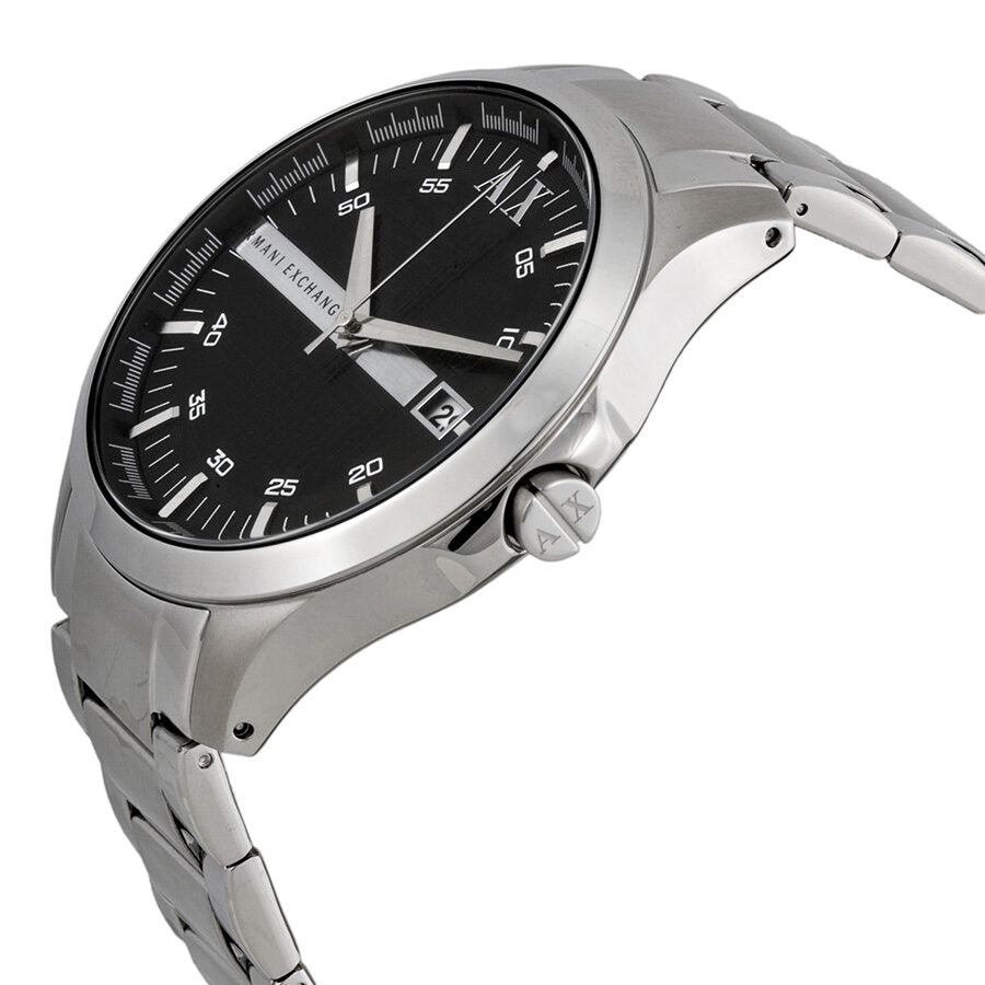Armani Exchange Hampton watch side angle view showing black dial and silver stainless steel bracelet