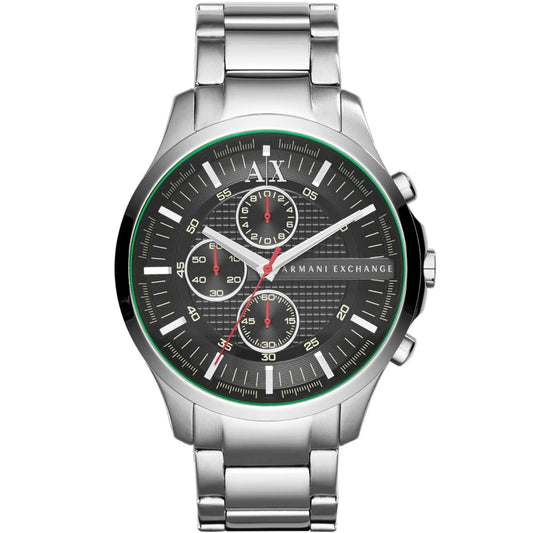 Armani Exchange Hampton chronograph watch with black dial and silver stainless steel bracelet