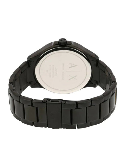 AX2407 watch caseback showing black ion-plated steel case with metal bracelet