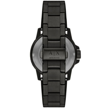 Armani Exchange Leonardo AX1855 caseback showing transparent display with Armani Exchange branding