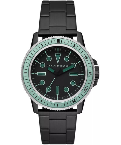 Armani Exchange Leonardo AX1858 black watch with teal bezel and teal luminous markers on dial