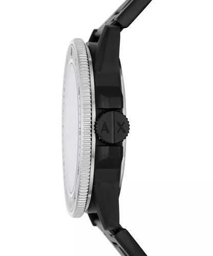 Armani Exchange Leonardo AX1858 side profile showing teal bezel and black stainless steel case