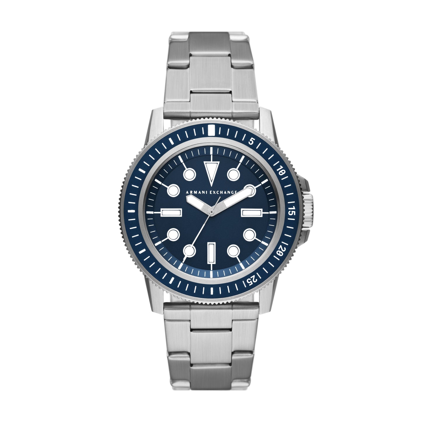 Armani Exchange Leonardo AX1861 watch front view with steel bracelet and navy dial