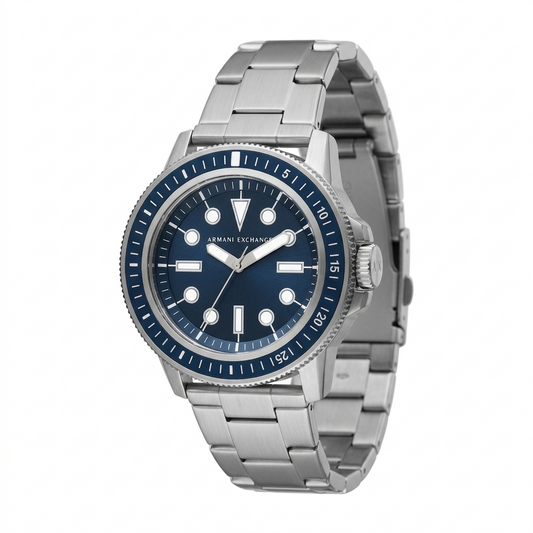 Armani Exchange Leonardo AX1861 silver men's watch with navy blue dial and rotating bezel