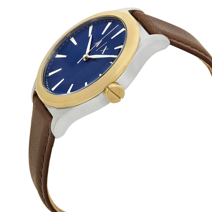 Armani Exchange Nico watch side angle view showing brown leather strap and gold-tone case