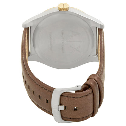 Armani Exchange Nico watch caseback with brown leather strap and buckle detail