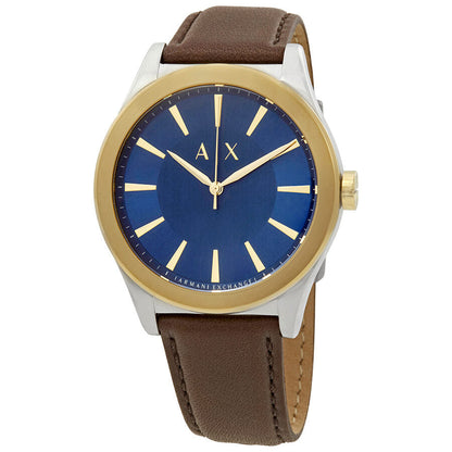 Armani Exchange Nico watch with blue dial, gold case, brown leather strap