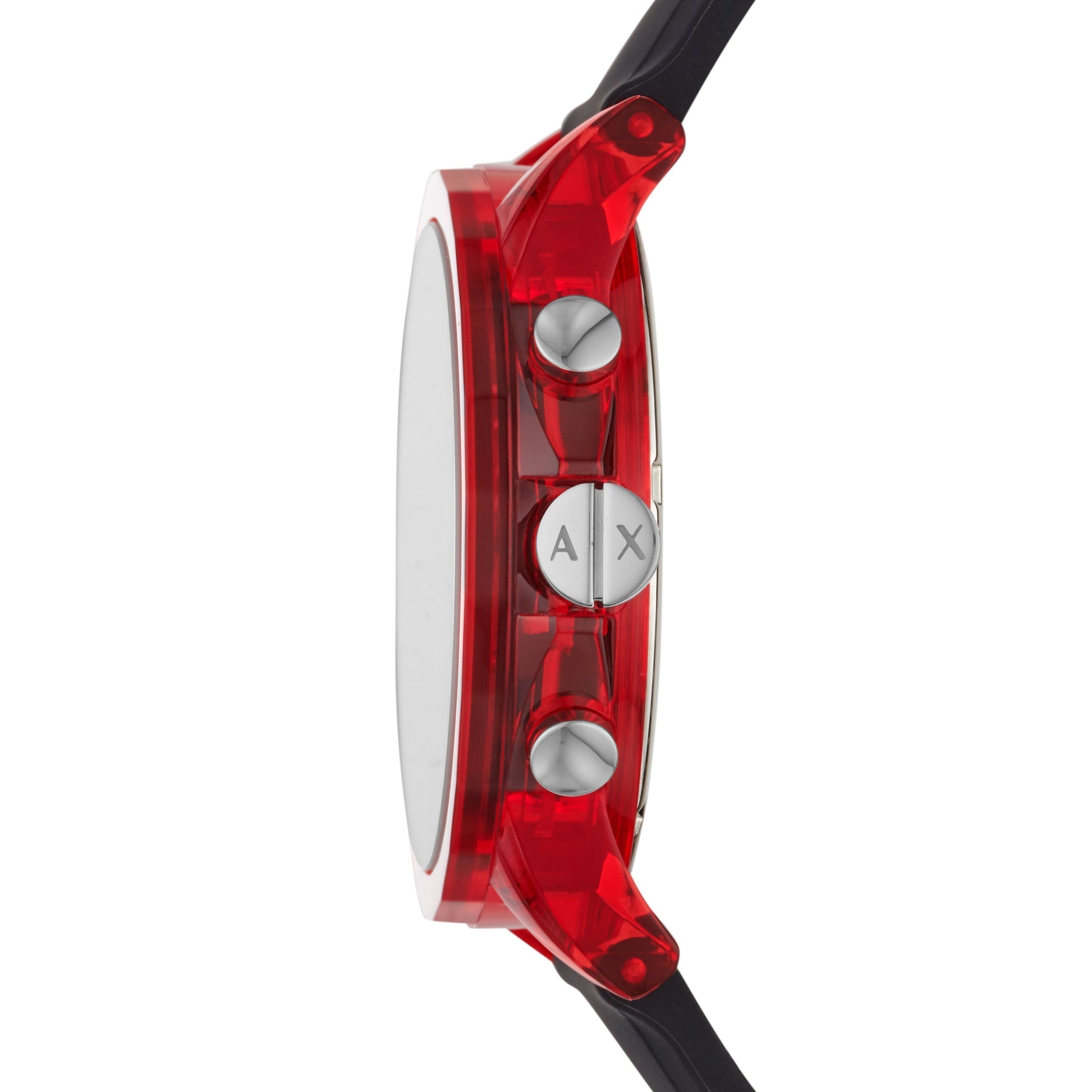 Red case with chronograph pushers and black silicon strap on Armani Exchange AX1338
