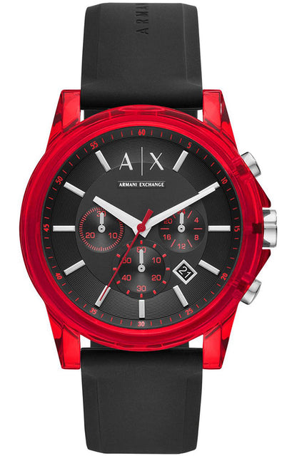 Armani Exchange Outerbanks red watch face with black dial and chronograph subdials, black silicon strap