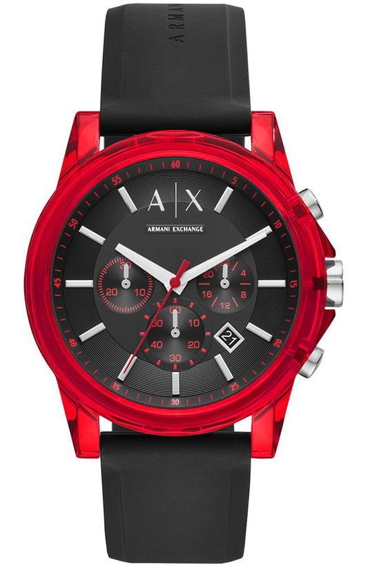 Armani Exchange Outerbanks red watch face with black dial and chronograph subdials, black silicon strap