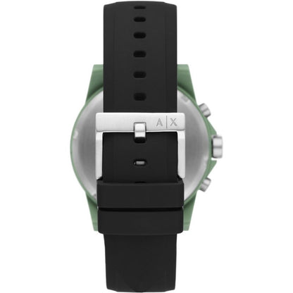 Caseback view showing black strap attachment to green case