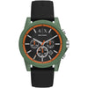 Armani Exchange Outerbanks green chronograph watch with black dial and orange accents