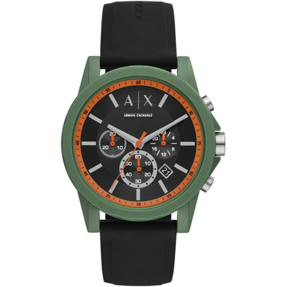 Armani Exchange Outerbanks green chronograph watch with black dial and orange accents