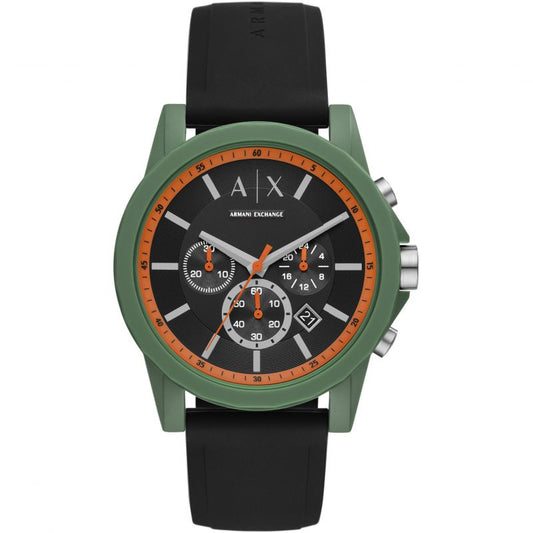 Armani Exchange Outerbanks green chronograph watch with black dial and orange accents