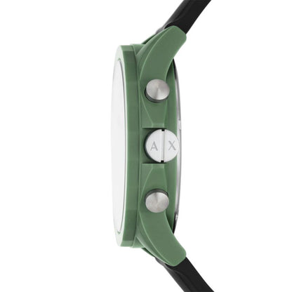 Side view of green case with black strap and silver chronograph pushers