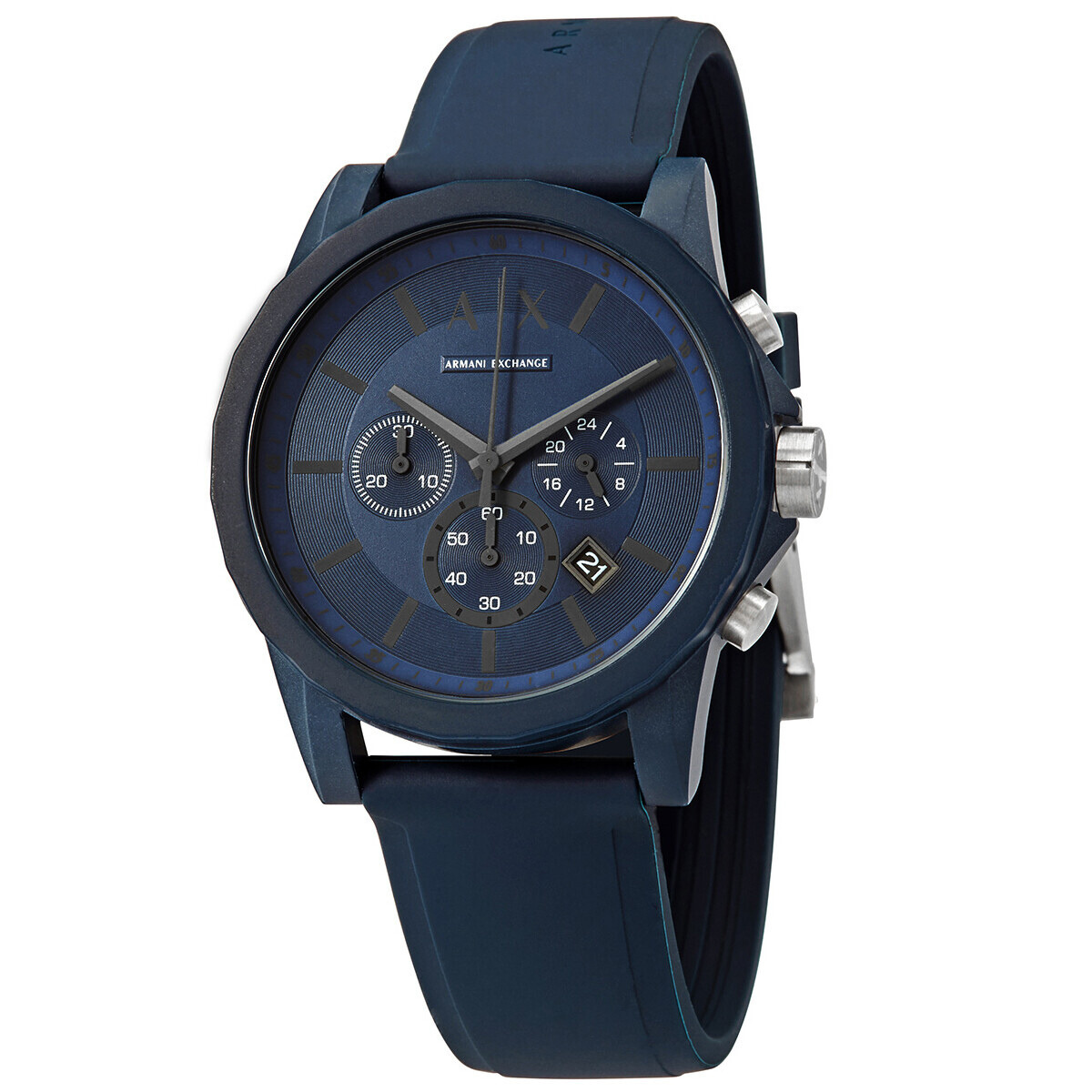 Armani Exchange Outerbanks chronograph watch angled view showing blue case and strap
