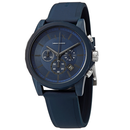 Armani Exchange Outerbanks chronograph watch angled view showing blue case and strap