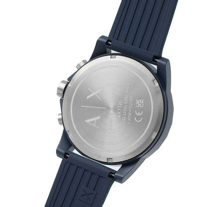 Armani Exchange Outerbanks watch caseback showing stainless steel with chronograph pushers