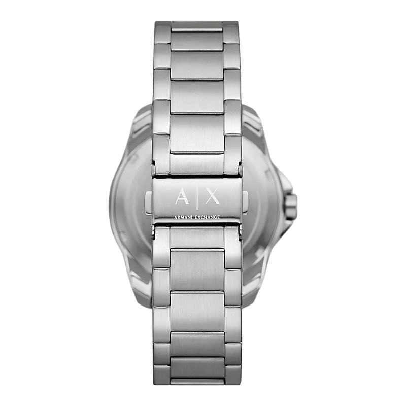 Case back of Armani Exchange Spencer watch with stainless steel bracelet and AX logo