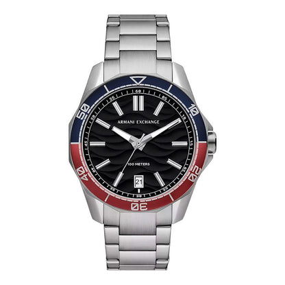 Armani Exchange Spencer men's watch with black dial, silver-tone bracelet, blue and red bezel
