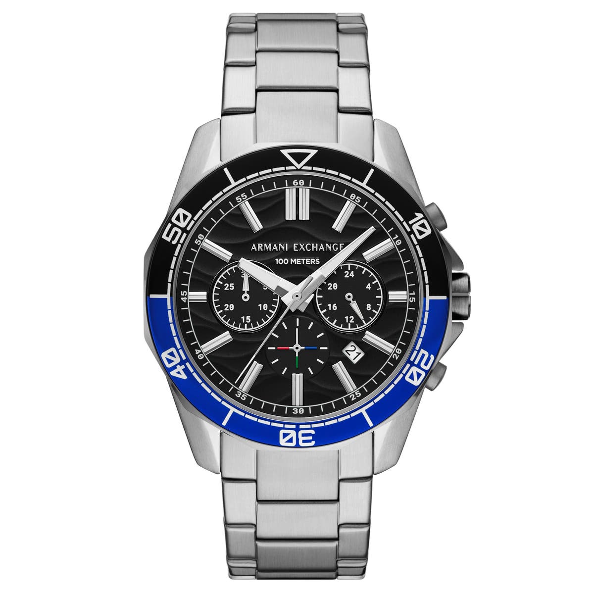 Armani Exchange Spencer AX7166 chronograph watch with black dial, blue bezel, and silver case
