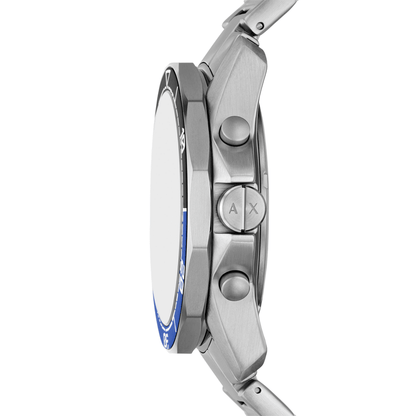 Armani Exchange Spencer AX7166 watch shown from side profile with blue bezel and silver bracelet