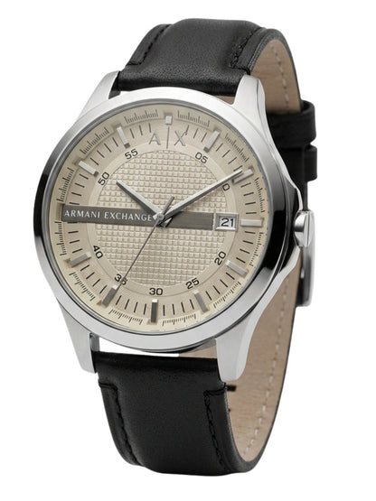 Armani Exchange Whitman AX2100 watch shown at angle with black leather strap visible