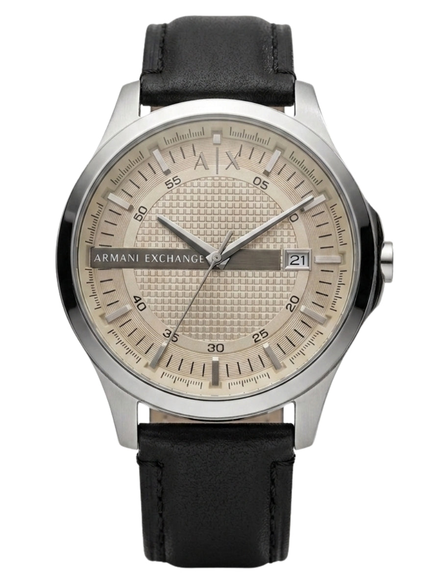 Armani Exchange Whitman AX2100 watch with cream dial, date window, and black leather strap