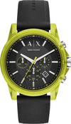 Armani Exchange AX1337 chronograph watch with lime green case and black dial on black strap