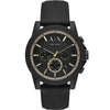 Armani Exchange AX1343 chronograph watch with black dial, rose gold bezel accents, and black rubber strap