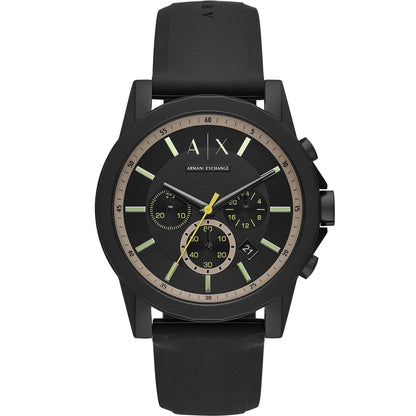 Armani Exchange AX1343 chronograph watch with black dial, rose gold bezel accents, and black rubber strap