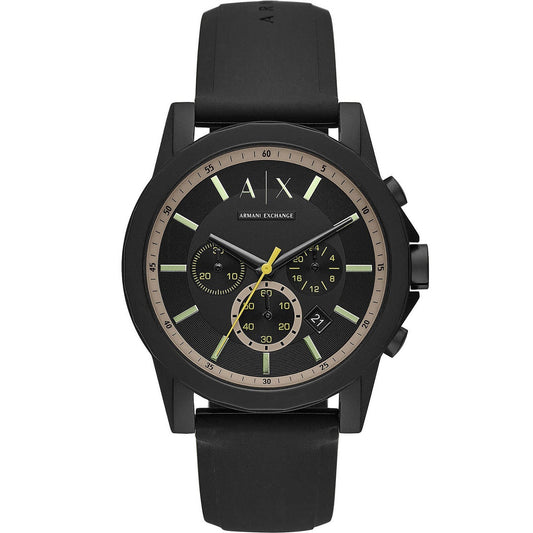 Armani Exchange AX1343 chronograph watch with black dial, rose gold bezel accents, and black rubber strap