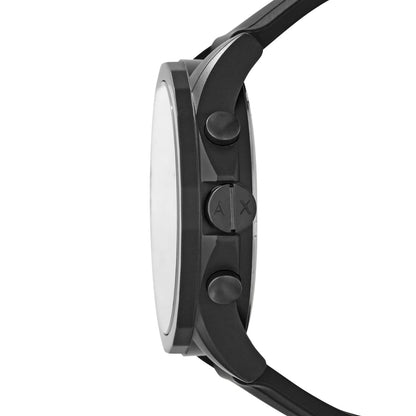 Side view of AX1343 watch showing black case, chronograph pushers, and black rubber strap