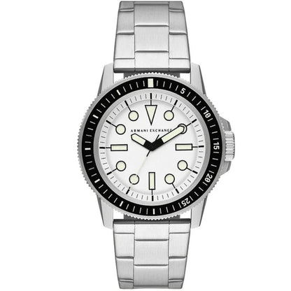 Armani Exchange Leonardo men's watch with white dial, black bezel, and silver steel bracelet